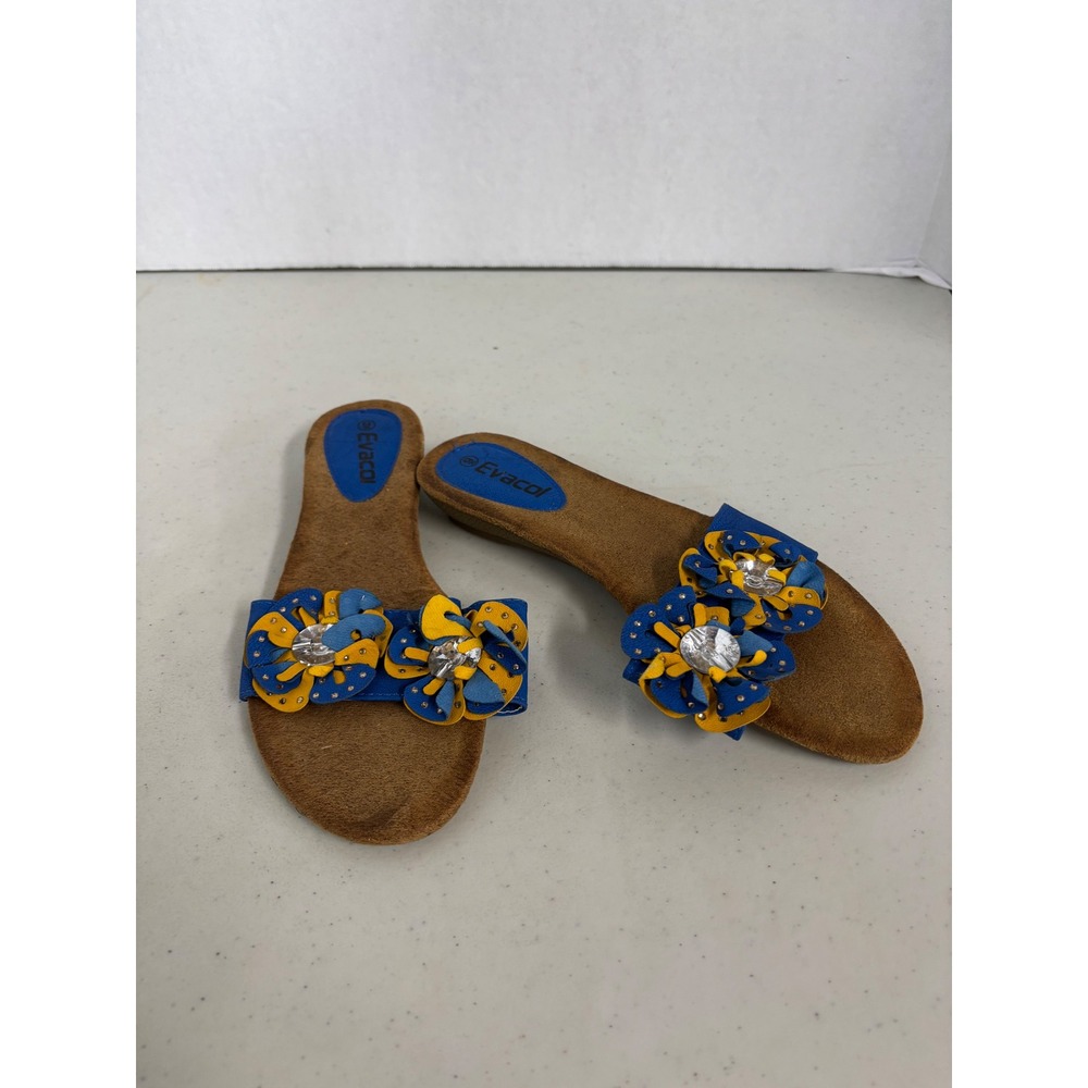 Evacol Womens‎ Blue Yellow Floral Rhinestone Embellished Slide Sandals Size 9